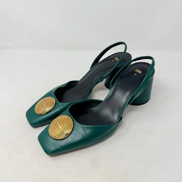 Zara Emerald Green Leather Slingback Block Heel Gold Shell Square Toe Pumps 41 - Picture 10 of 10